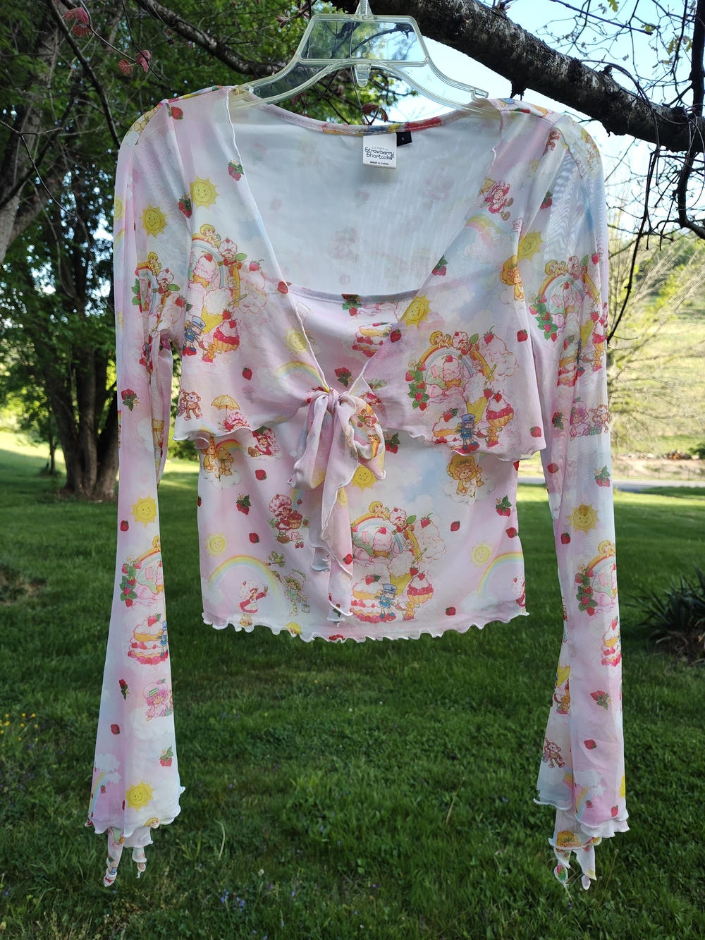 Sweet Pastel Tie-Front Long Sleeve Top - Pink Strawberry Print